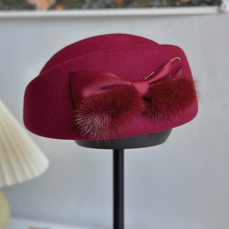 Concave beret, children's autumn and winter top mink fur bow, felt hat, flight attendant hat