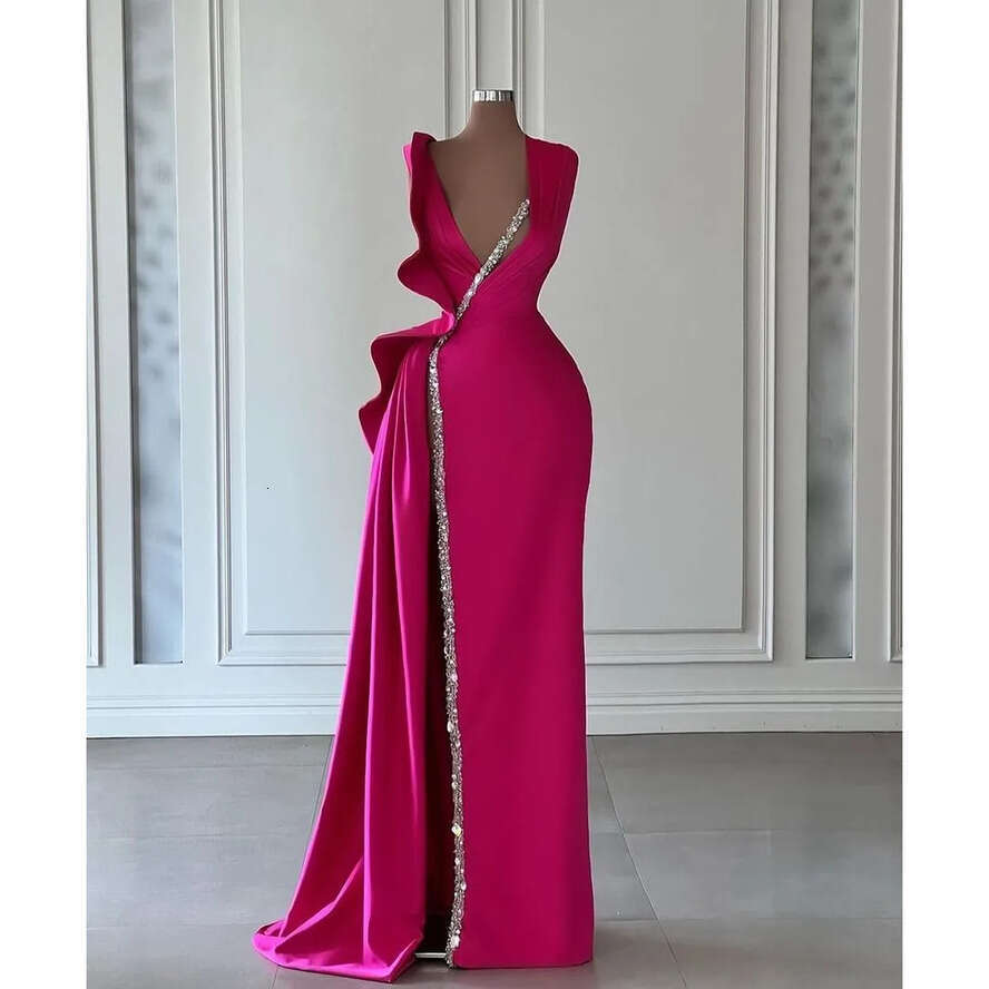 Fuschia Plus Size A E Evening Dresses For Black Women Deep V Neck Beads Pleats Draped High Side Split Form Ocns Pageant Birthday Party Prom Gowns M Ve