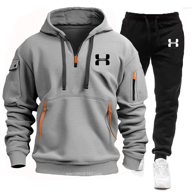 Men's Tracksuits Autumn And Winter Multi-pocket Zipper Long-sleeved Hoodie Sports Leisure Pants Two-piece Fitness Jogging Suit
