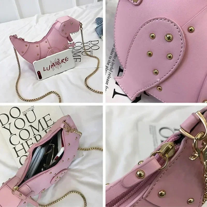 Trend Fashion 3D Dinosaur n Rivets Pu Leather Girls Chain Purse Shoulder Bag Tote Ladies Crossbody Mini Messenger Flap 241021