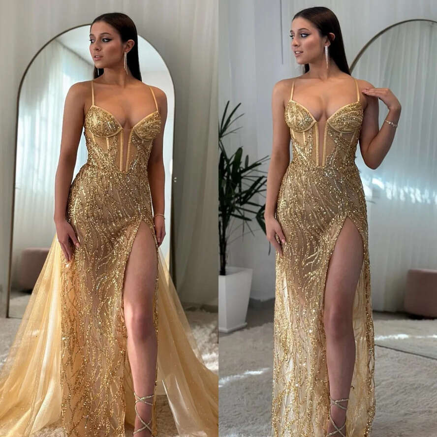 Mermaid Prom Gold Thigh Split Illusion Formal Evening Elegant Detachable Overskirt Glitter Sequins Party Dresses For Special Ocns Promdress Es Dress
