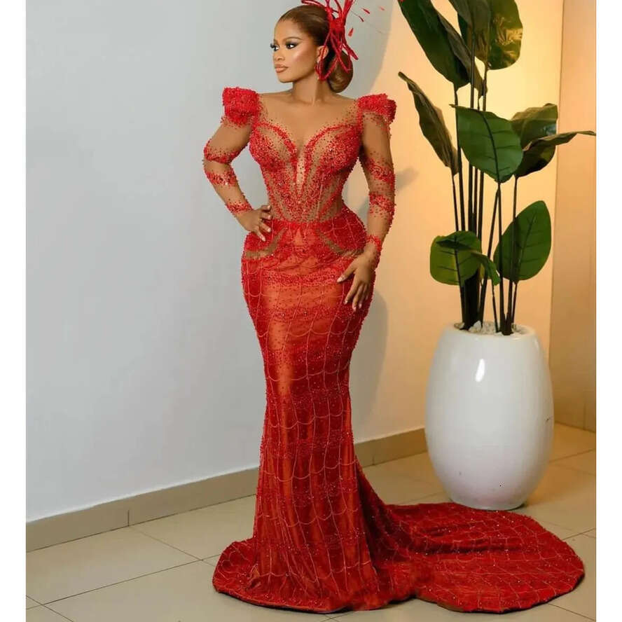 Mermaid Aso Ebi Red Prom Dress Beaded Crystals Sheer Neck Evening Formal Party Second Reception Birthday Engagement Gowns Dresses Robe De Soiree ZJ Es