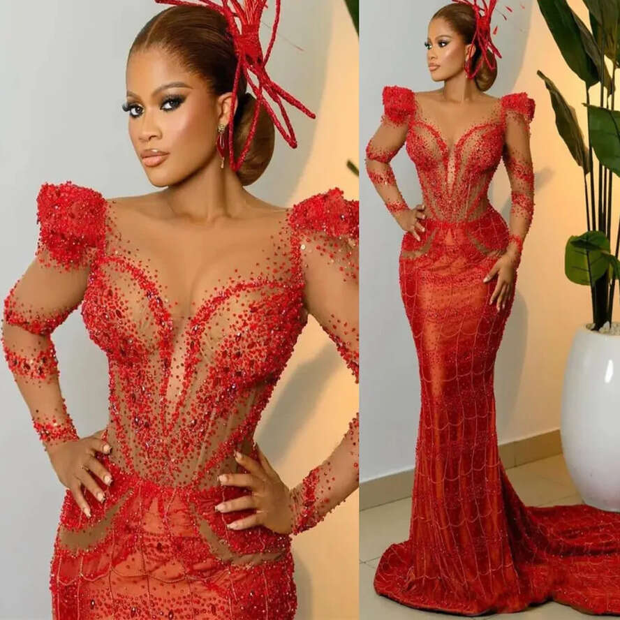 Mermaid Aso Ebi Red Prom Dress Beaded Crystals Sheer Neck Evening Formal Party Second Reception Birthday Engagement Gowns Dresses Robe De Soiree ZJ Es