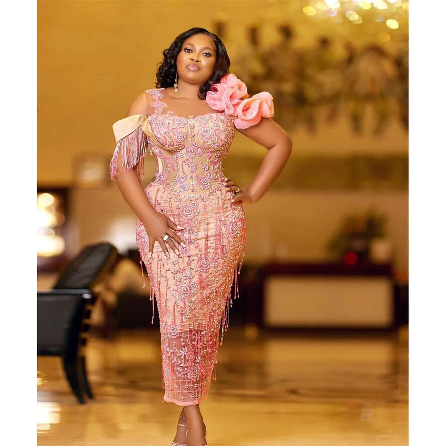 Size Arabic Plus Aso Ebi Pink Urious Sheath Prom Dresses Lace Beaded Evening Formal Party Second Reception Birthday Engagement Gowns Dress ZJ