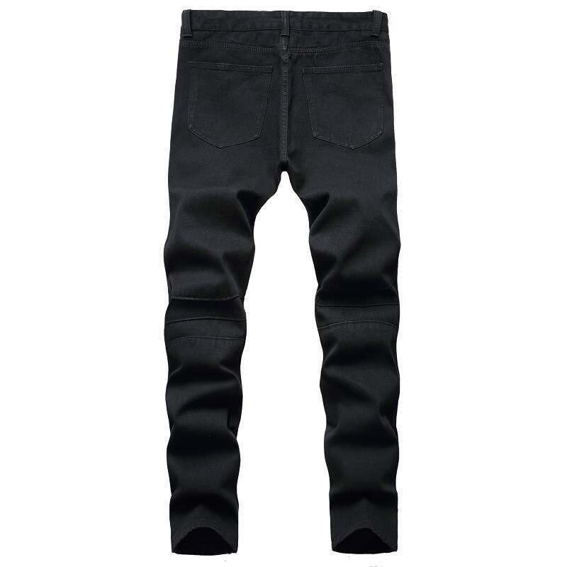 Men White Skinny Plus Size 28-42 New European American Slim Fit Fold Trend Motorcycle Biker Jeans Denim Pants (No Belt)