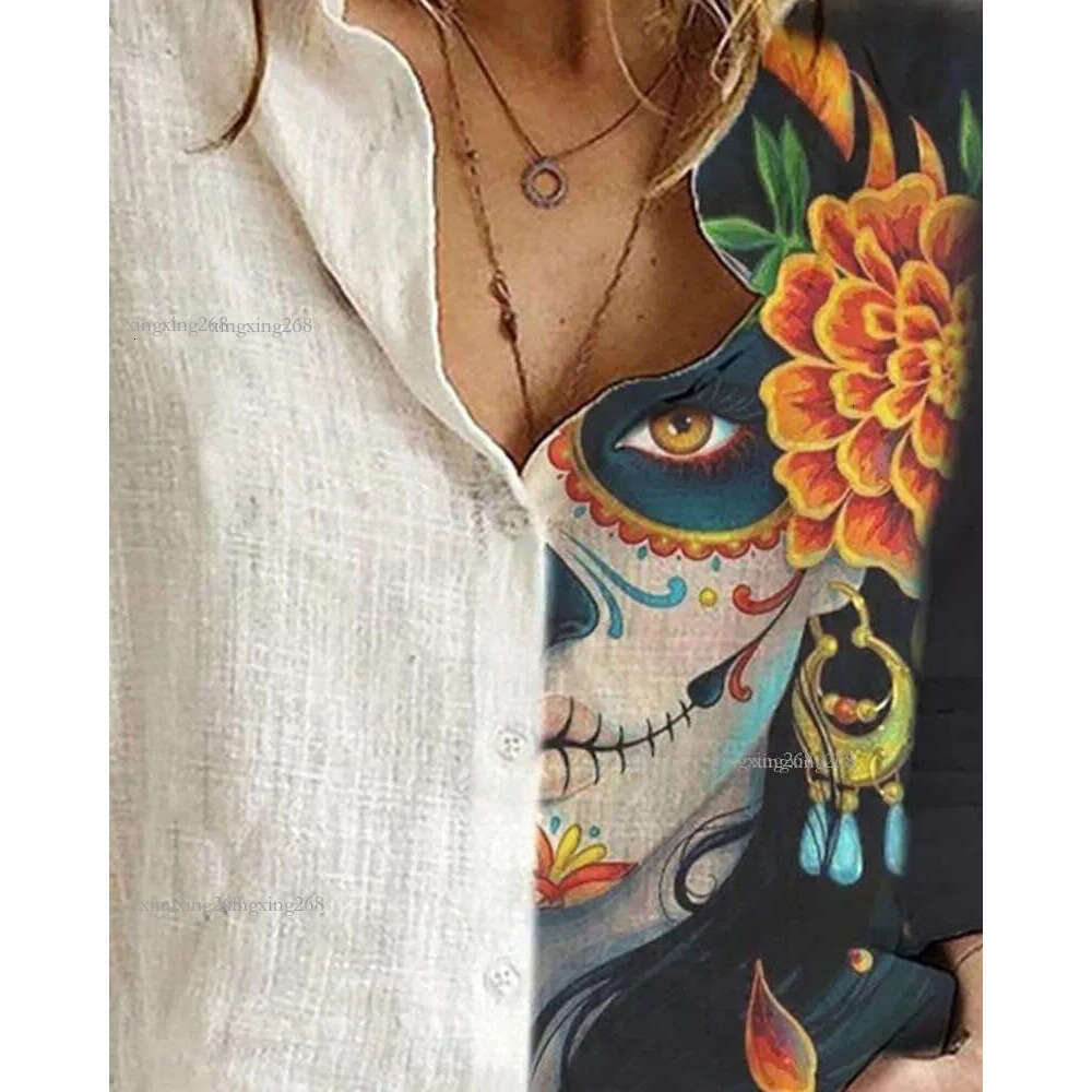 Women Casual Autumn Turn-down Collar Buttoned Skeleton Blouse Halloween Figure Print Colorblock Shirt 21302
