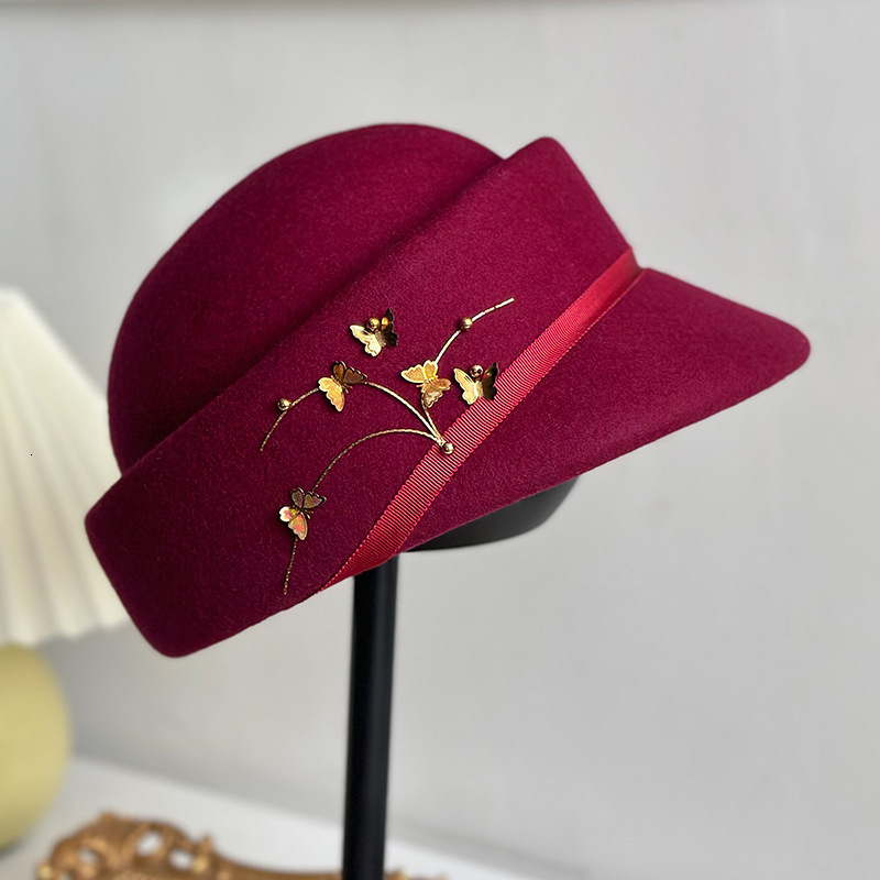equestrian autumn winter hat metal butterfly flower fashionable and concave top duckbill woolen hat