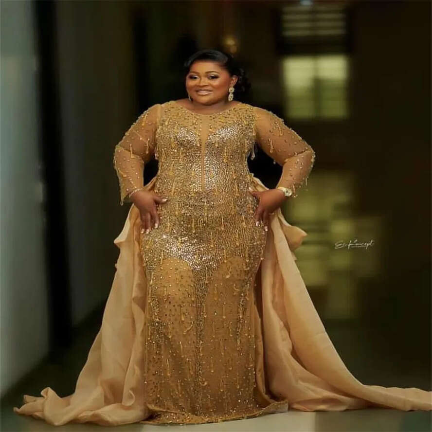 Aso Ebi Nov Arabic Gold Mermaid Prom Dress Crystals Beaded Evening Formal Party Second Reception Birthday Engagement Gowns Dresses Robe De Soiree ZJ E