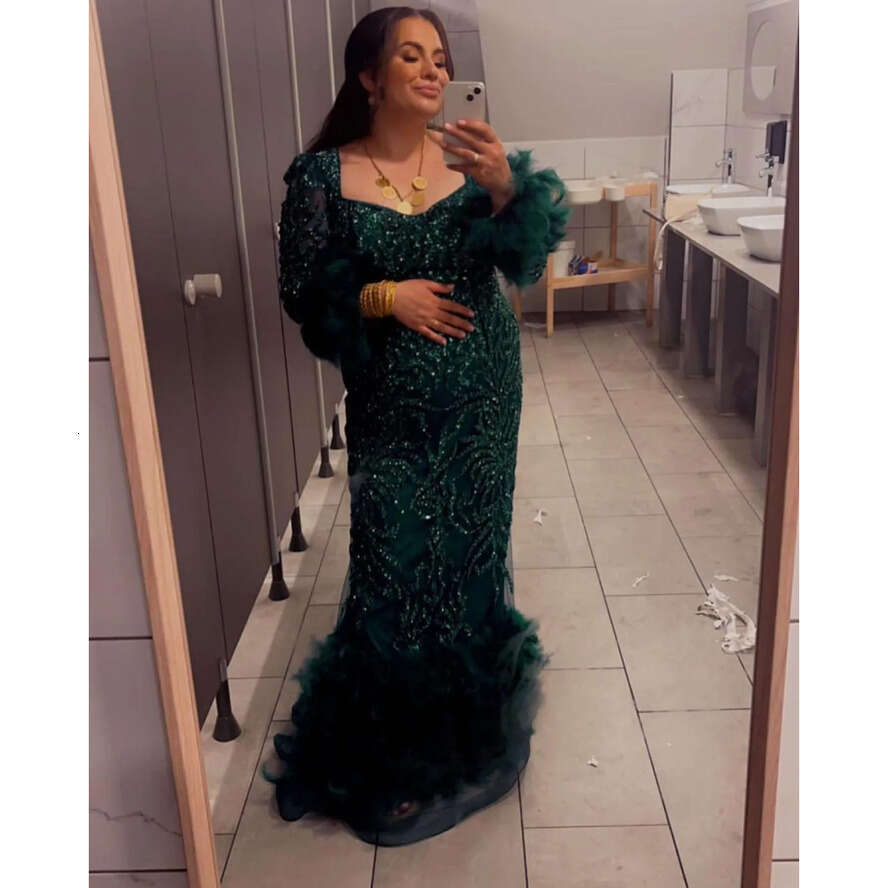 Ebi Hunter Aso Green Mermaid Prom Dress Sequined Lace Feather Evening Formal Party Second Reception Birthday Engagement Gowns Dresses Robe De Soiree Z