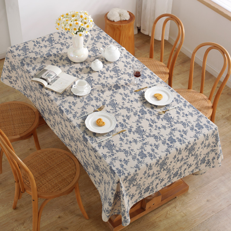 W49 Blue printed cotton and linen tablecloth