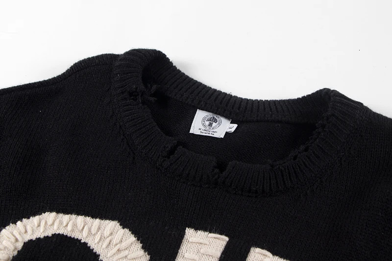 SAINT Knitted Sweatshirts SIN Letters Print Destruct Sweater OVERSIZE Casual Crew Neck Pullover 241025