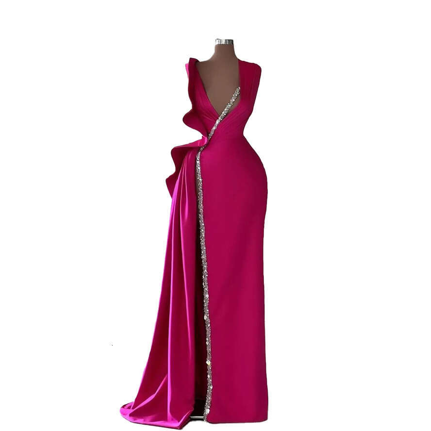 Fuschia Plus Size A E Evening Dresses For Black Women Deep V Neck Beads Pleats Draped High Side Split Form Ocns Pageant Birthday Party Prom Gowns M Ve