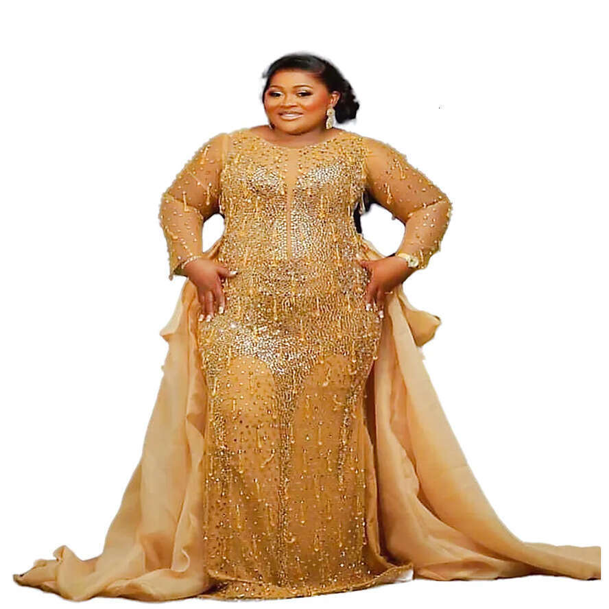 Aso Ebi Nov Arabic Gold Mermaid Prom Dress Crystals Beaded Evening Formal Party Second Reception Birthday Engagement Gowns Dresses Robe De Soiree ZJ E