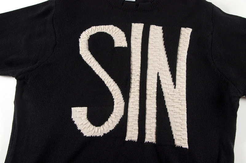 SAINT Knitted Sweatshirts SIN Letters Print Destruct Sweater OVERSIZE Casual Crew Neck Pullover 241025