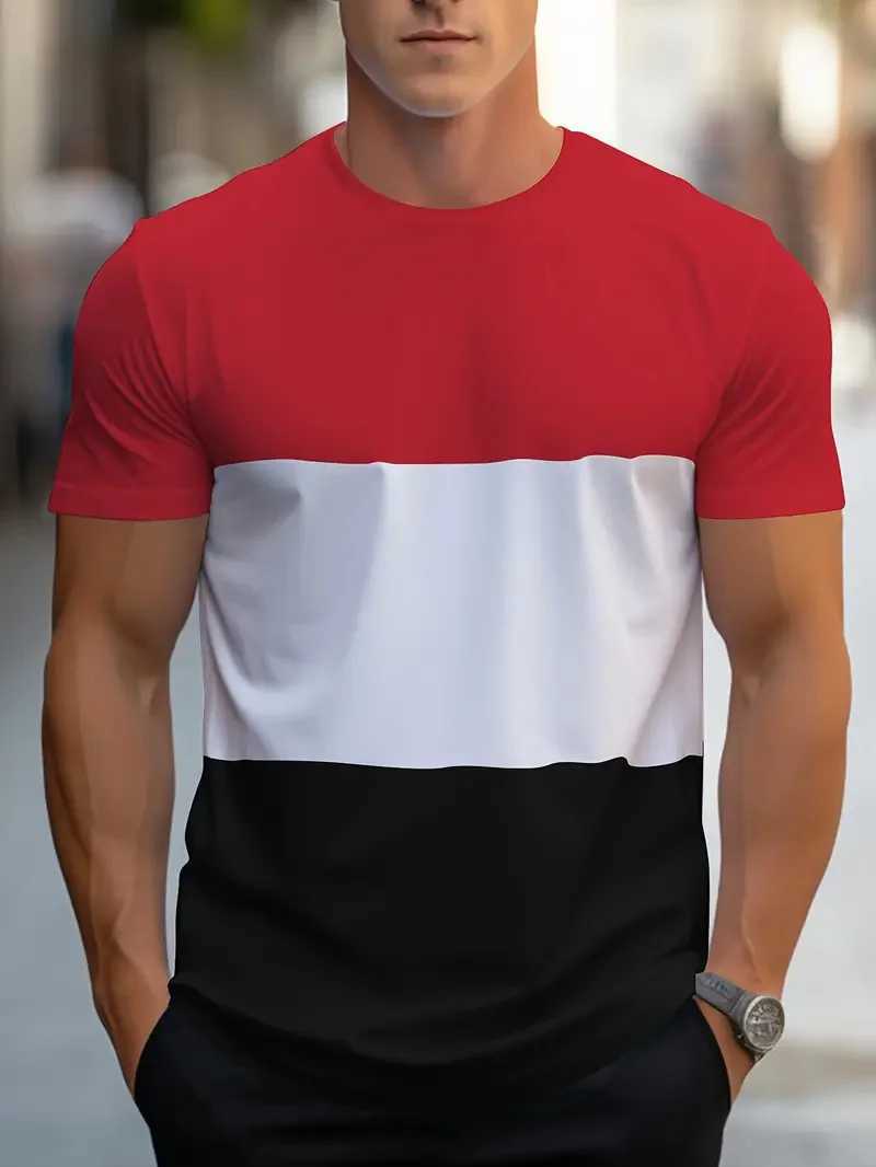 Summer new mens colorful geometric printed pattern casual loose street fitness high-quality casual mens T-shirtXJ250409