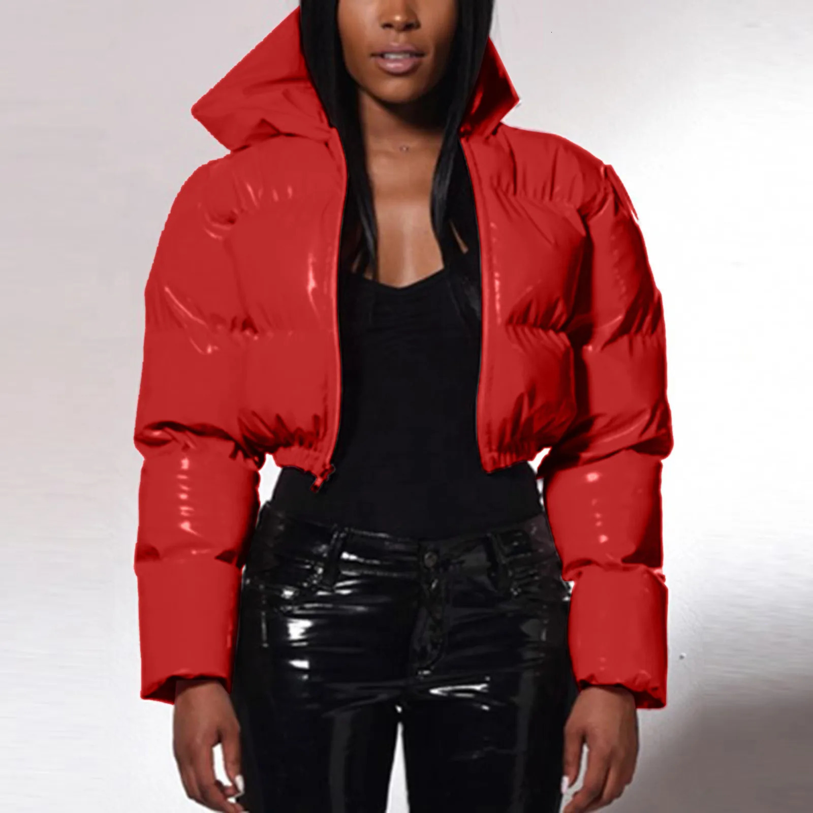 Ladies Short Shiny Padded Hooded Jacket Warm Parkas Solid Bread Coat Puffer Outwear L5 241025
