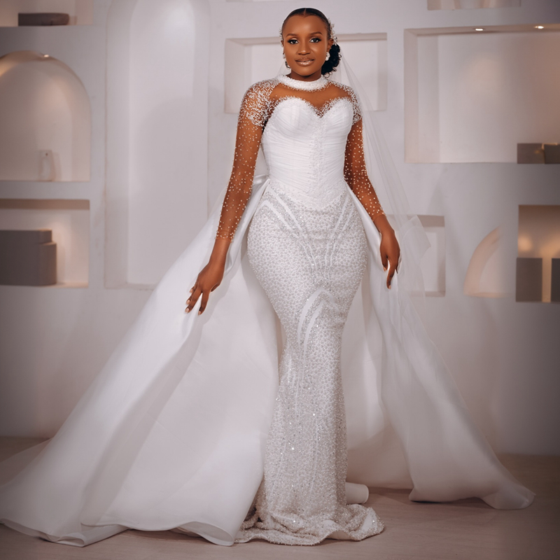 2025 Plus Size African Wedding Dress For Bride Bridal Gowns Detachable Train Illusion Mermaid Long Sleeves Sheer Neck Beaded Lace Wedding Gowns For Bl