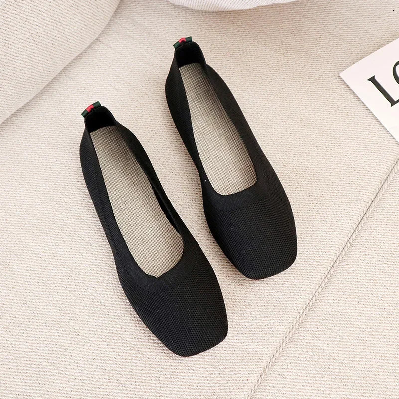2024 mesh knitted breathable sports shoes for women lightweight sliding on flat casual shoes low heel shallow square toe Zapatos 241024