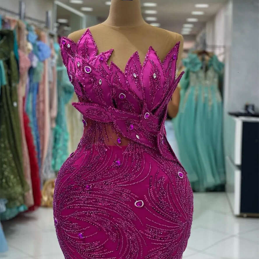 Arabic Ebi Aso Fuia Mermaid Prom Dress Crystals Sequined Lace Evening Formal Party Second Reception Birthday Engagement Gowns Dresses Robe De Soiree E