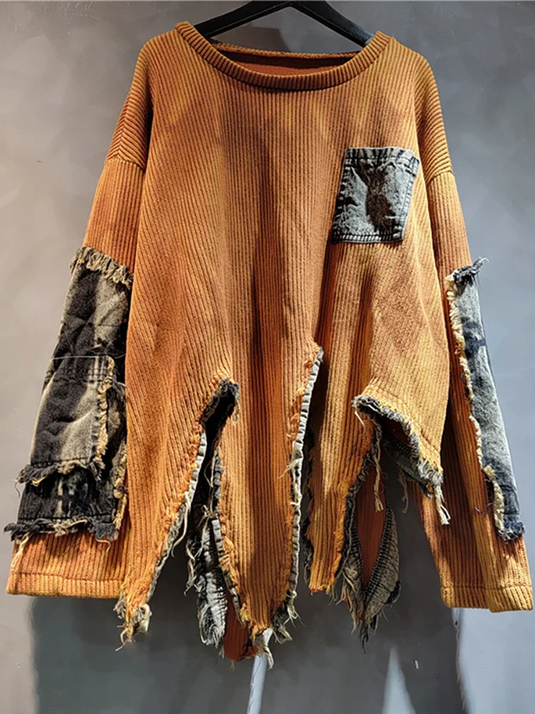 DEAT Womens Pullover Long Sleeve Tiedye Irregular Do Old Patchwork Vintage Loose Denim Sweater 2024 Autumn Fashion 29L8194 241025
