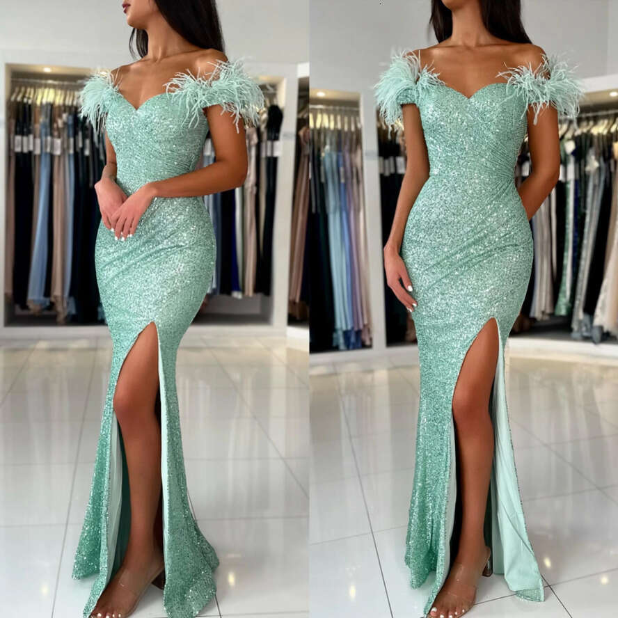 Green Glitter Mint Mermaid Prom Dress Feathers Off Shoulder Sequins Formal Evening Elegant Backless Dresses For Special Ocns Split Robe De Soiree Es