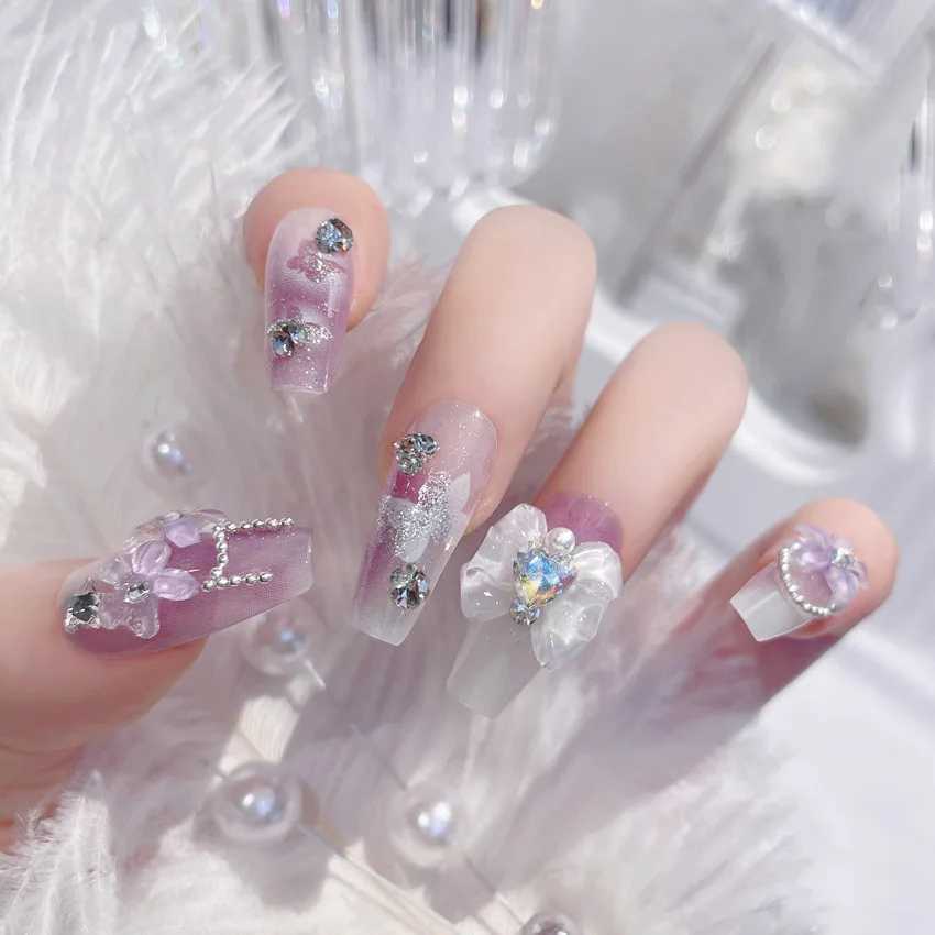 Powder blusher pink false nail bow knot diamond pearl 3D design pressing nail tip harmless smooth edge nail female DIY false nail W250410