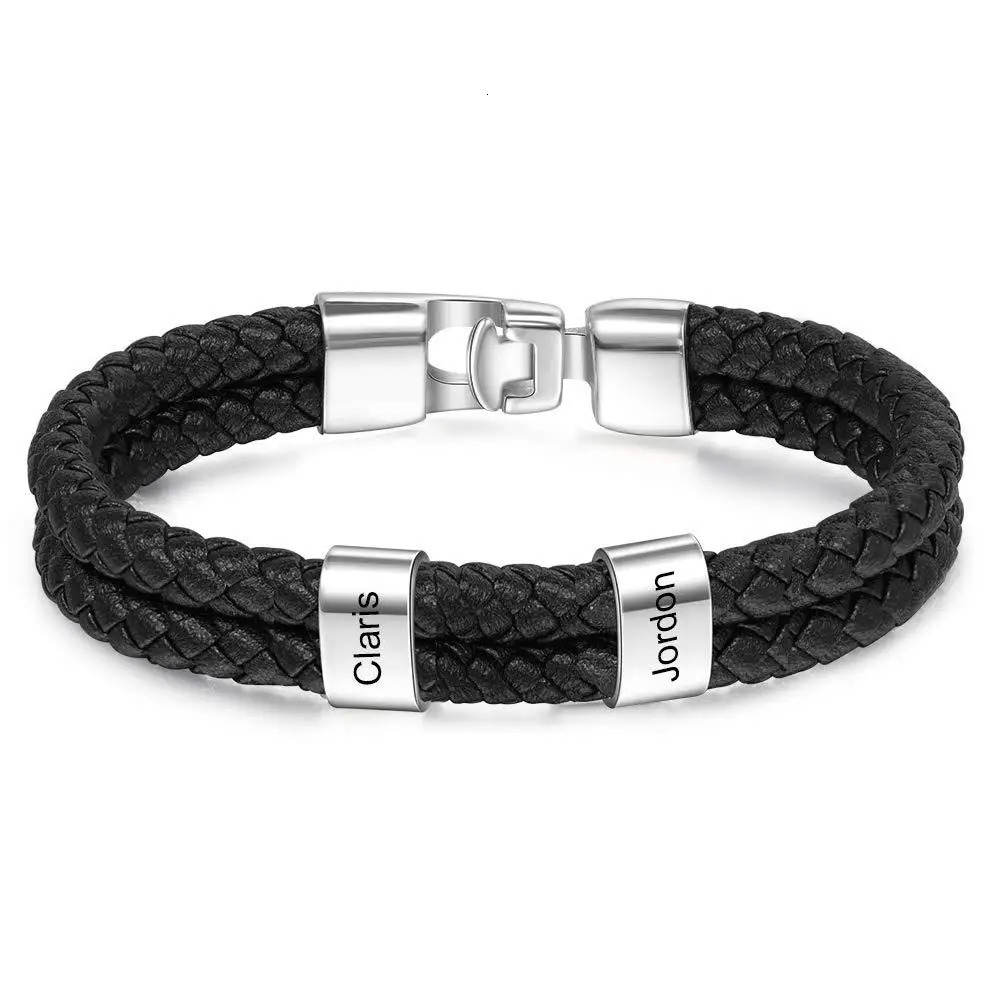 Customized Family Name Bead Bracelet Mens Personalized Carving Bracelet Black Leather Stainless Steel Bracelet Fathers Day Gift 241025