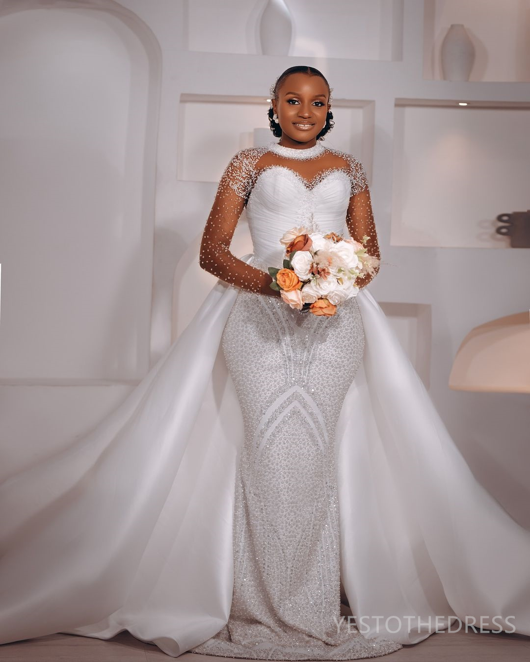 2025 Plus Size African Wedding Dress For Bride Bridal Gowns Detachable Train Illusion Mermaid Long Sleeves Sheer Neck Beaded Lace Wedding Gowns For Bl