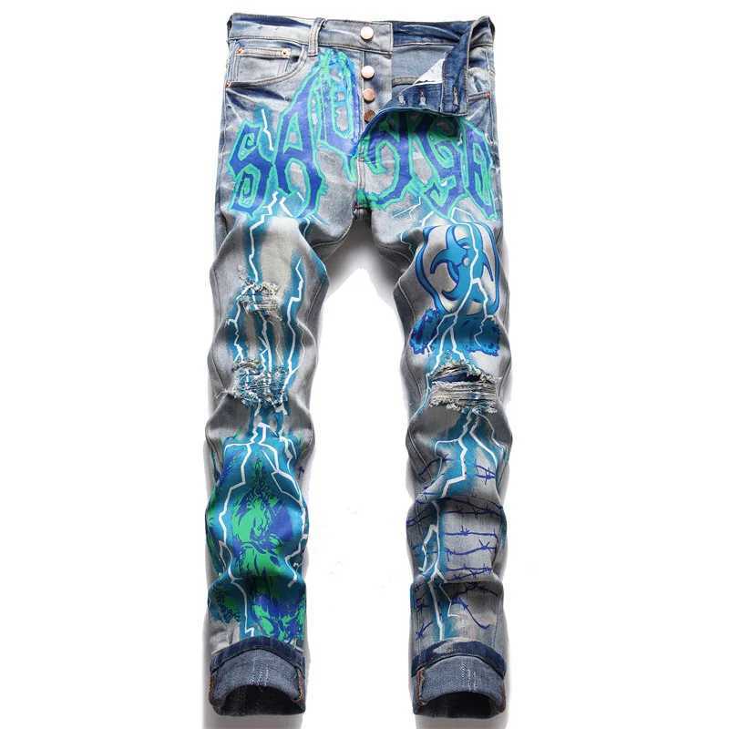 Men Print Jeans Streetwear Letters Lightning Painted Stretch Denim Pants Vintage Blue Ripped Buttons Fly Slim Tapered Trousers X250718