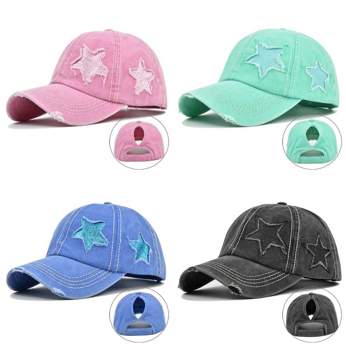 Solid color washed sand baseball cap mens ponytail hat sparkling star fashion sun hat outdoor cycling travel Hikin dad hat X2410261