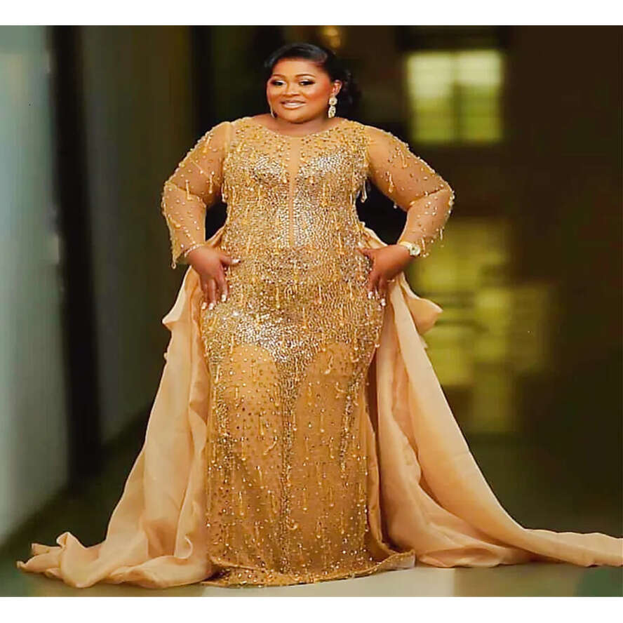 Aso Ebi Nov Arabic Gold Mermaid Prom Dress Crystals Beaded Evening Formal Party Second Reception Birthday Engagement Gowns Dresses Robe De Soiree ZJ E