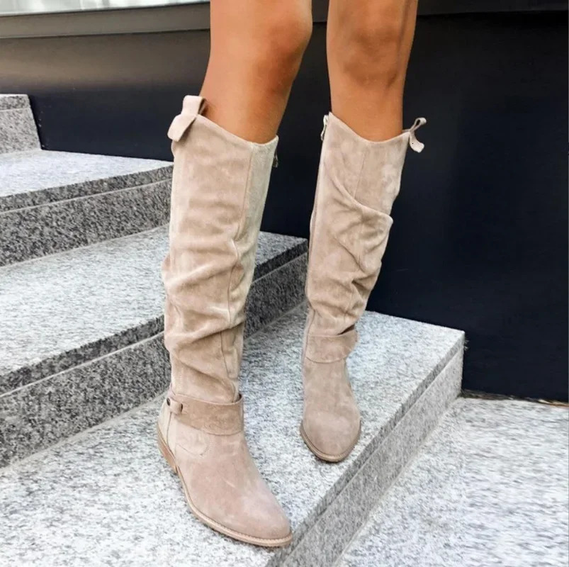 Low Heel Side Zip Size 43 Suede Thigh High Womens Boots Retro Woman Booties Autumn Winter Knee High Boots 2024 241025