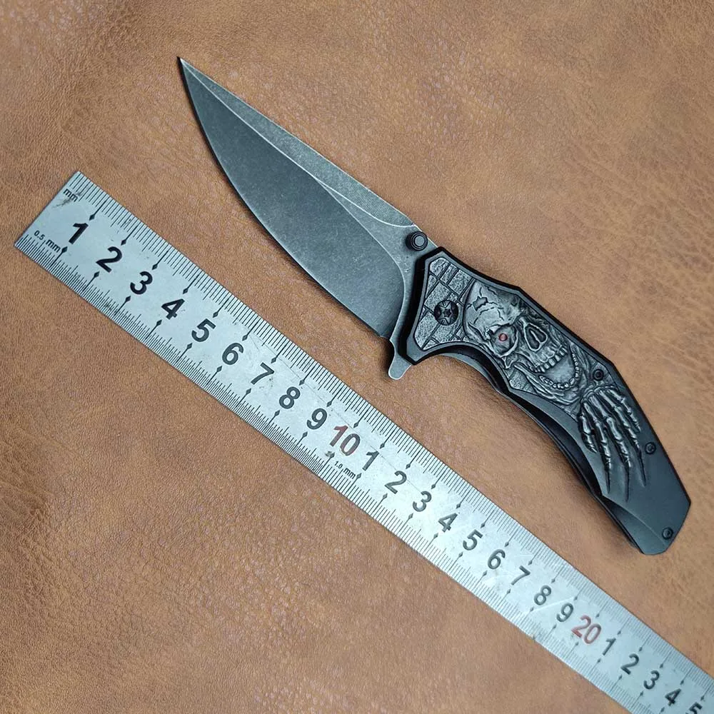 Tactical Survival Collection Skull Engrave Fold Blade Knife, Defensed Pocket Knife Protable Lightweight Punk Utility Knifes