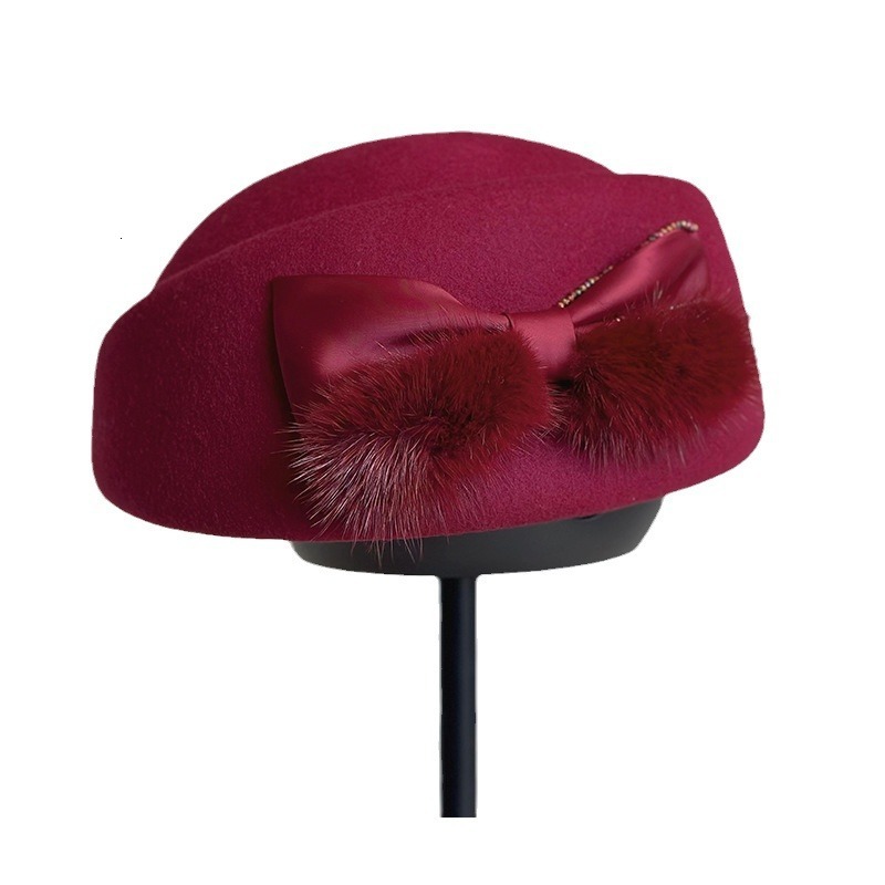 Concave beret, children's autumn and winter top mink fur bow, felt hat, flight attendant hat