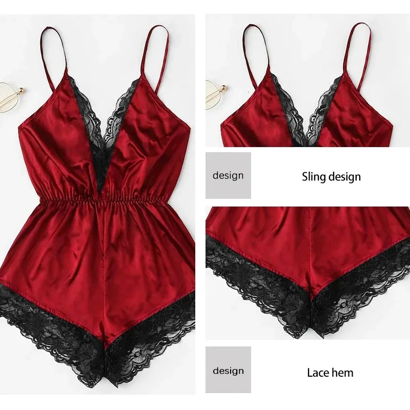 2025 New designer s sexy and fashionable lace patchwork fashion decoration one piece clothing backless bow shorts V neck jumpsuit women s sleepwear se
