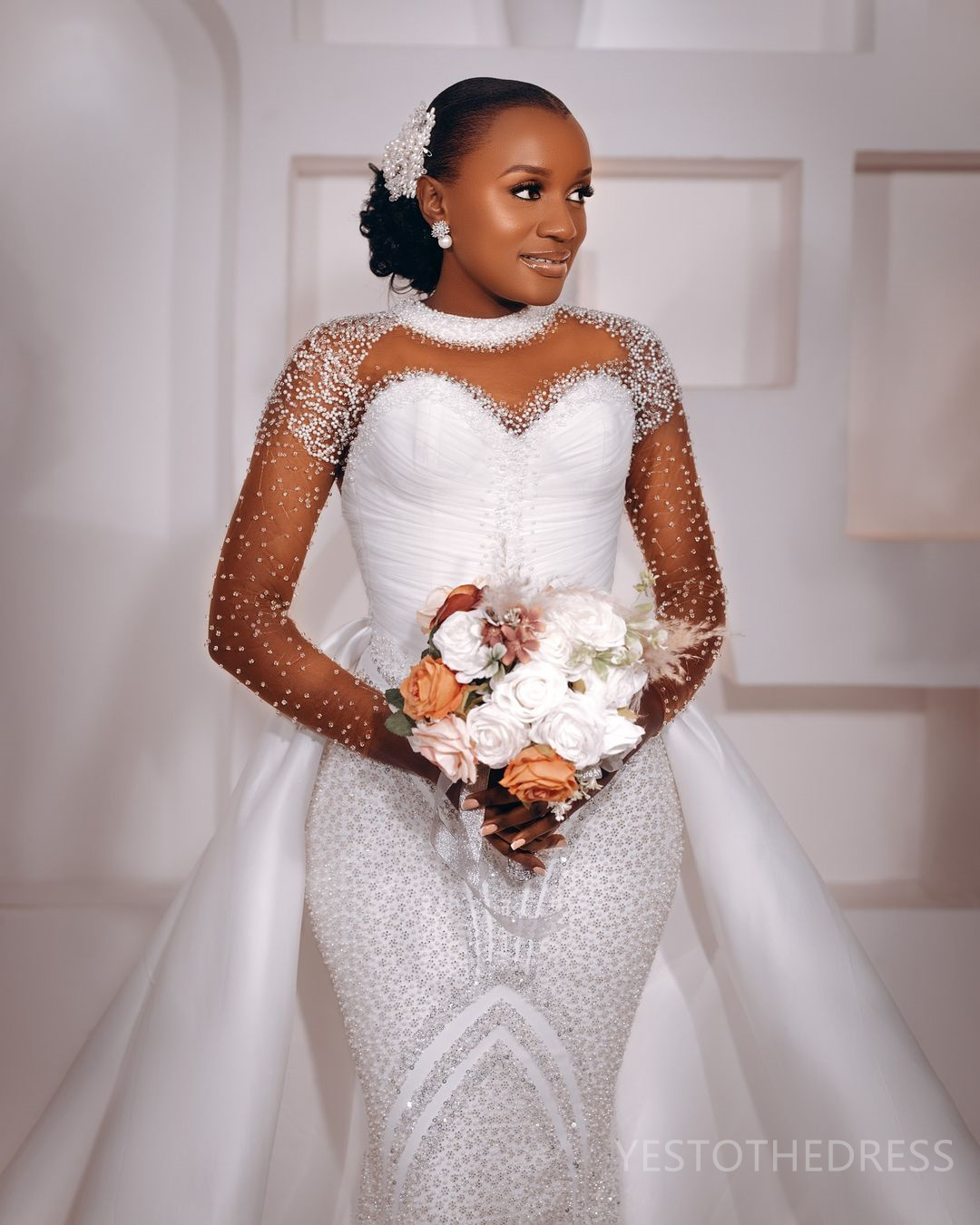 2025 Plus Size African Wedding Dress For Bride Bridal Gowns Detachable Train Illusion Mermaid Long Sleeves Sheer Neck Beaded Lace Wedding Gowns For Bl
