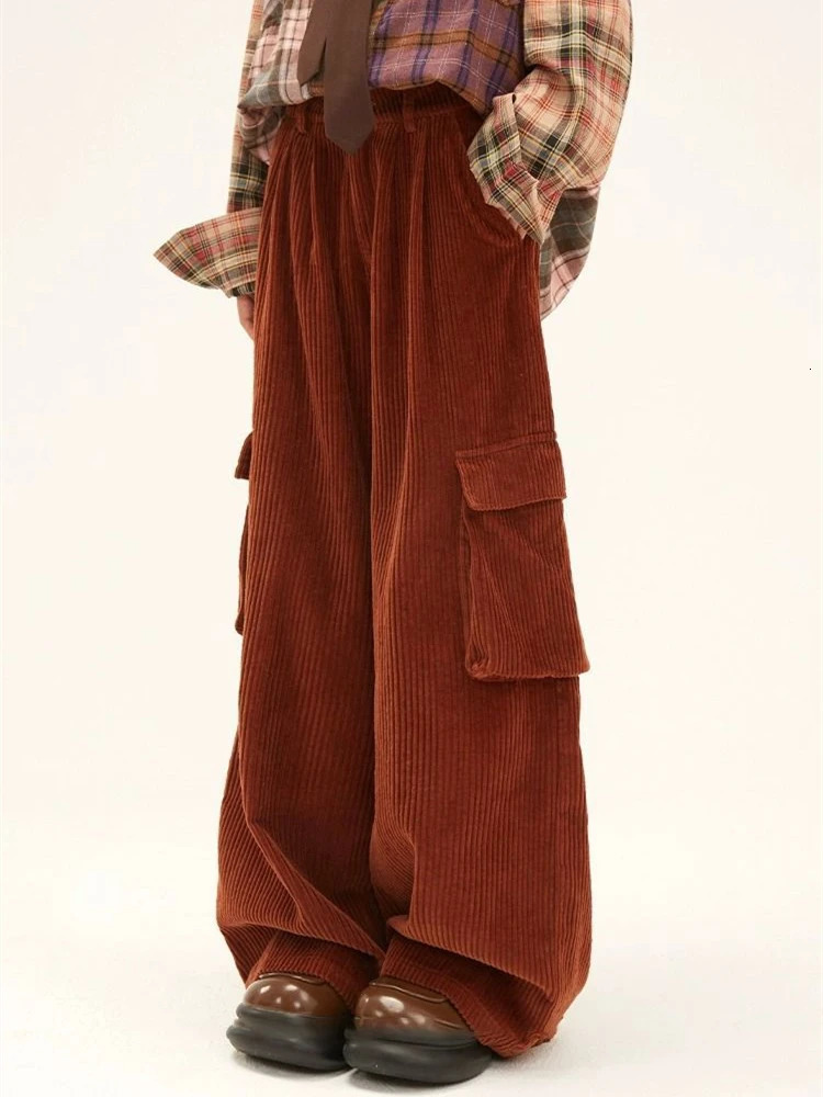 Womens Thin Corduroy Straight Pants Cool Street Fashion Autumn Street Clothing Womens High Waist Big Pocket Trouser 241025