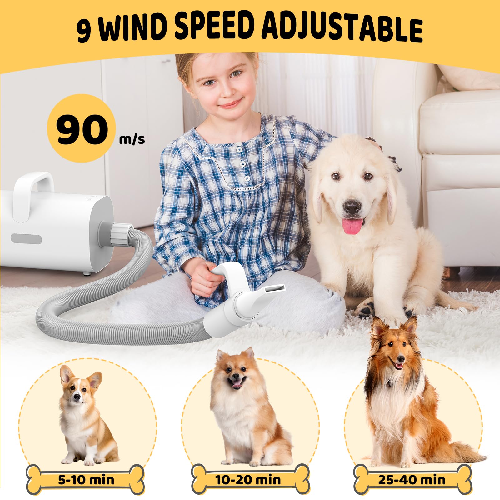4-in-1 Smart Handle Dog Hair Dryer, Negative Ion Pet Hair Dryer with Adjustable Wind Speed and Temperature, Suitable for All Pets.