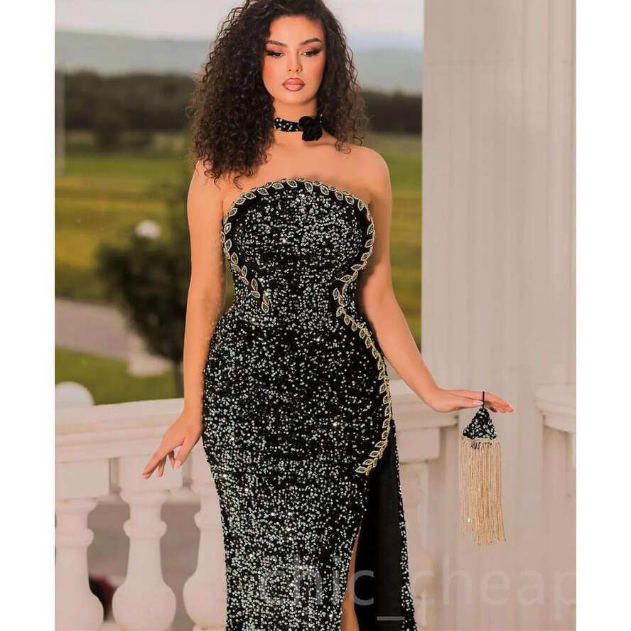Ebi Black Aso Mermaid Prom Dress Crystals Sequined Lace Evening Formal Party Second Reception Birthday Engagement Gowns Dresses Robe De Soiree ZJ Es