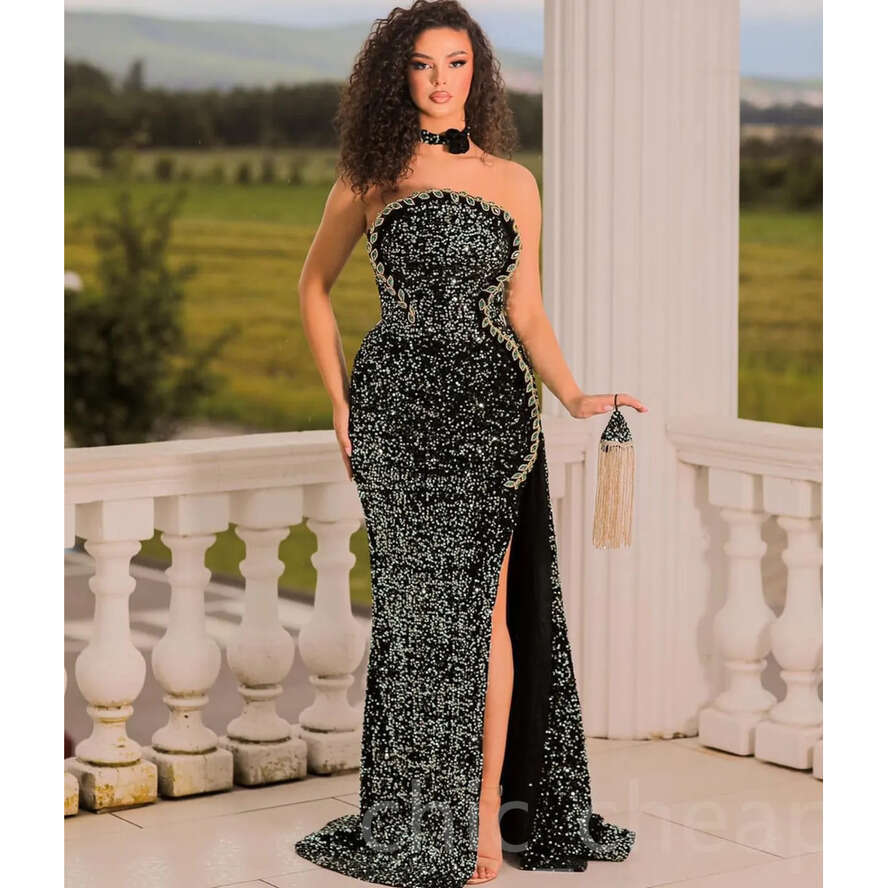 Ebi Black Aso Mermaid Prom Dress Crystals Sequined Lace Evening Formal Party Second Reception Birthday Engagement Gowns Dresses Robe De Soiree ZJ Es
