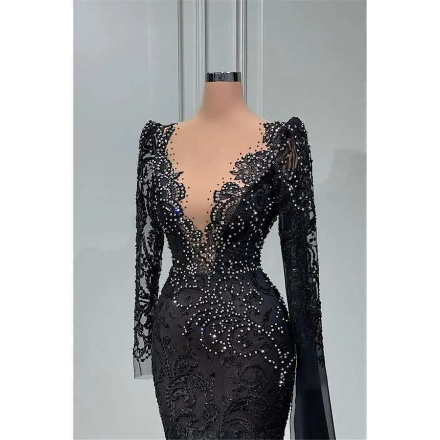 Vintage Black Lace Mermaid Evening Dresses With White Beads Sheer Deep V Neck Long Sleeve Appliques Ocn Party Gowns Prom Vestidos Bc14999 0618 0703