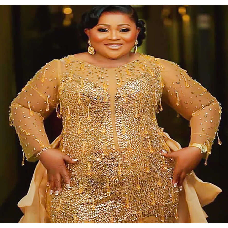 Aso Ebi Nov Arabic Gold Mermaid Prom Dress Crystals Beaded Evening Formal Party Second Reception Birthday Engagement Gowns Dresses Robe De Soiree ZJ E