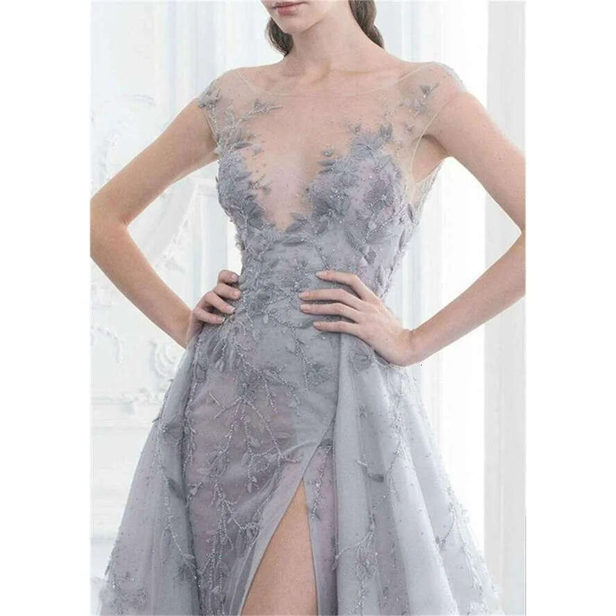 Dress Charming Prom Sheer Bateau Neck Illusion Bodice Side Split Evening Dresses Party Gowns With Detachable Train Es