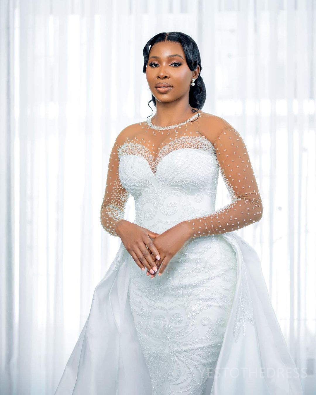 2025 Plus Size African Wedding Dress Bridal Gowns For Bride Detachable Train Sheer Neck Long Sleeves Illusion Nigeria Wedding Gowns For Black Women D3