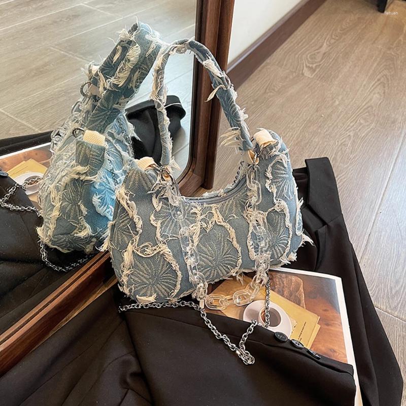 Drawstring Women Fashion Shoulder Bag Large Capacity Denim Underarm Top Handle Chain Strap Simple Satchel Purse For Outdoor Travel 7f1c