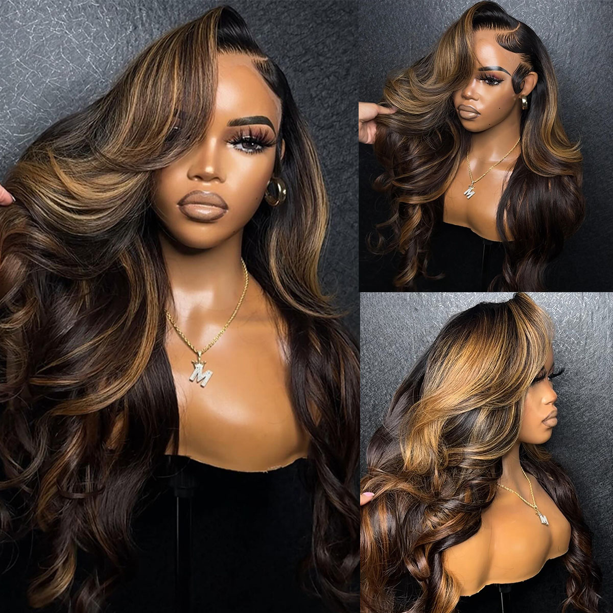 Peruvian Transparent x Frontal Body Wave Hair Wigs Brown Stripe Highlights Synthetic Closure Lace Wig Pre Plucked for Women