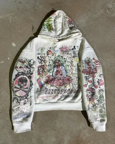 Y2K Graffiti Style Zipper Hoodie Mens Harajuku Retro Printed White Sports Shirt looped Cotton Casual Clothing 241025 - view 3