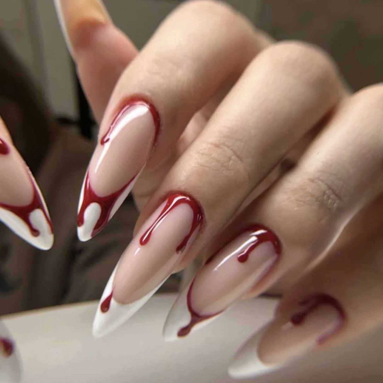 24 pieces of blood red fake nail gradient long angle fake nail patch complete set wearable fake nail patch Halloween handmade set W250410