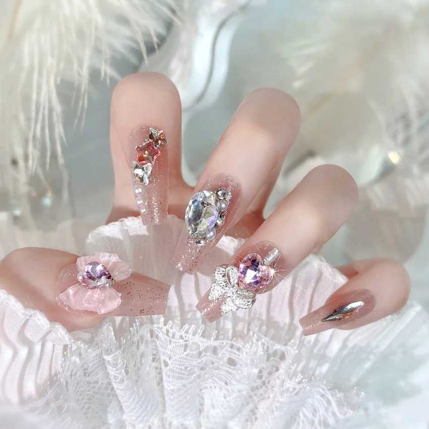 Powder blusher pink false nail bow knot diamond pearl 3D design pressing nail tip harmless smooth edge nail female DIY false nail W250410