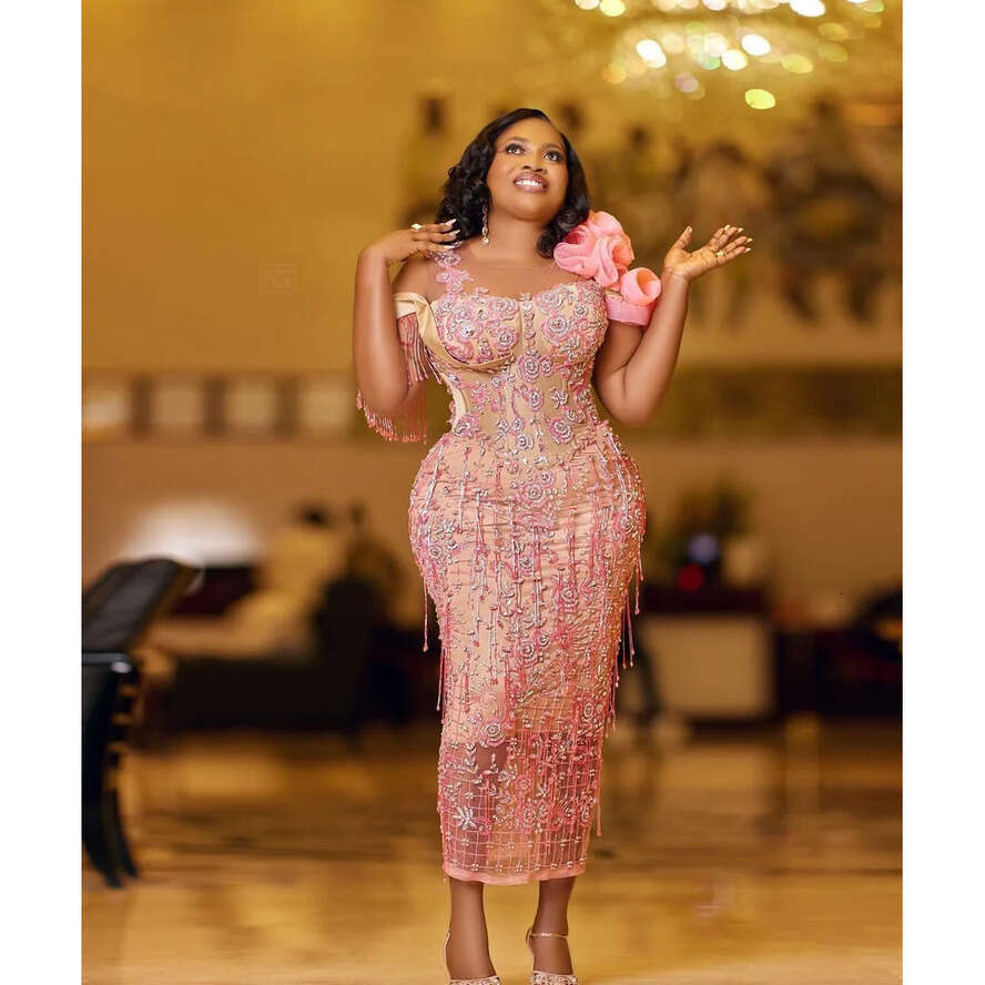Size Arabic Plus Aso Ebi Pink Urious Sheath Prom Dresses Lace Beaded Evening Formal Party Second Reception Birthday Engagement Gowns Dress ZJ